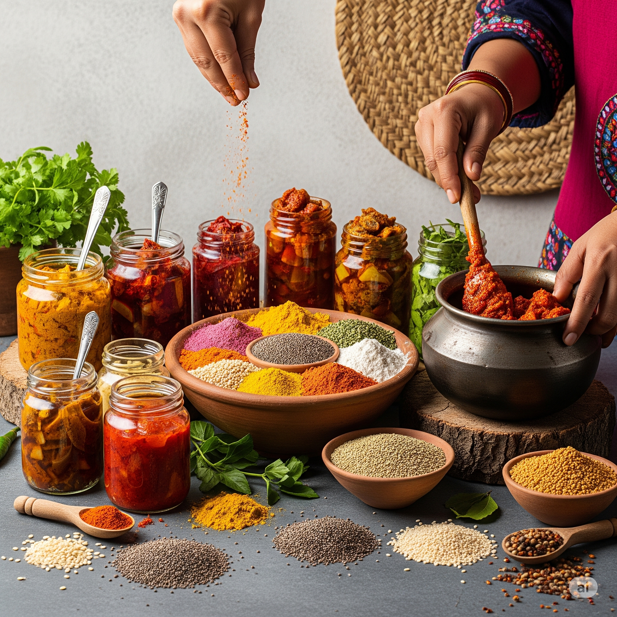 A focused close-up of a pair of hands carefully measuring out spices on a scale, with traditional Nepali baskets in the background.